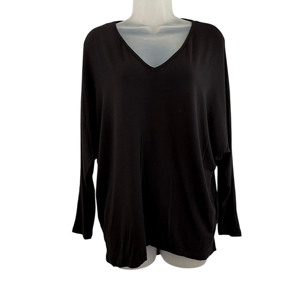 Amour Vert Womens One Size Blouse Modal Top Black V-neck Long Sleeves
